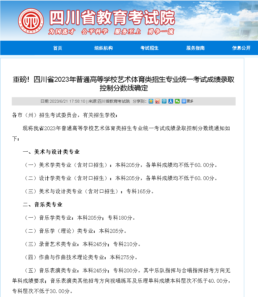 重磅！四川省2023年普通高等学校艺术类统考录取控制分数线发布